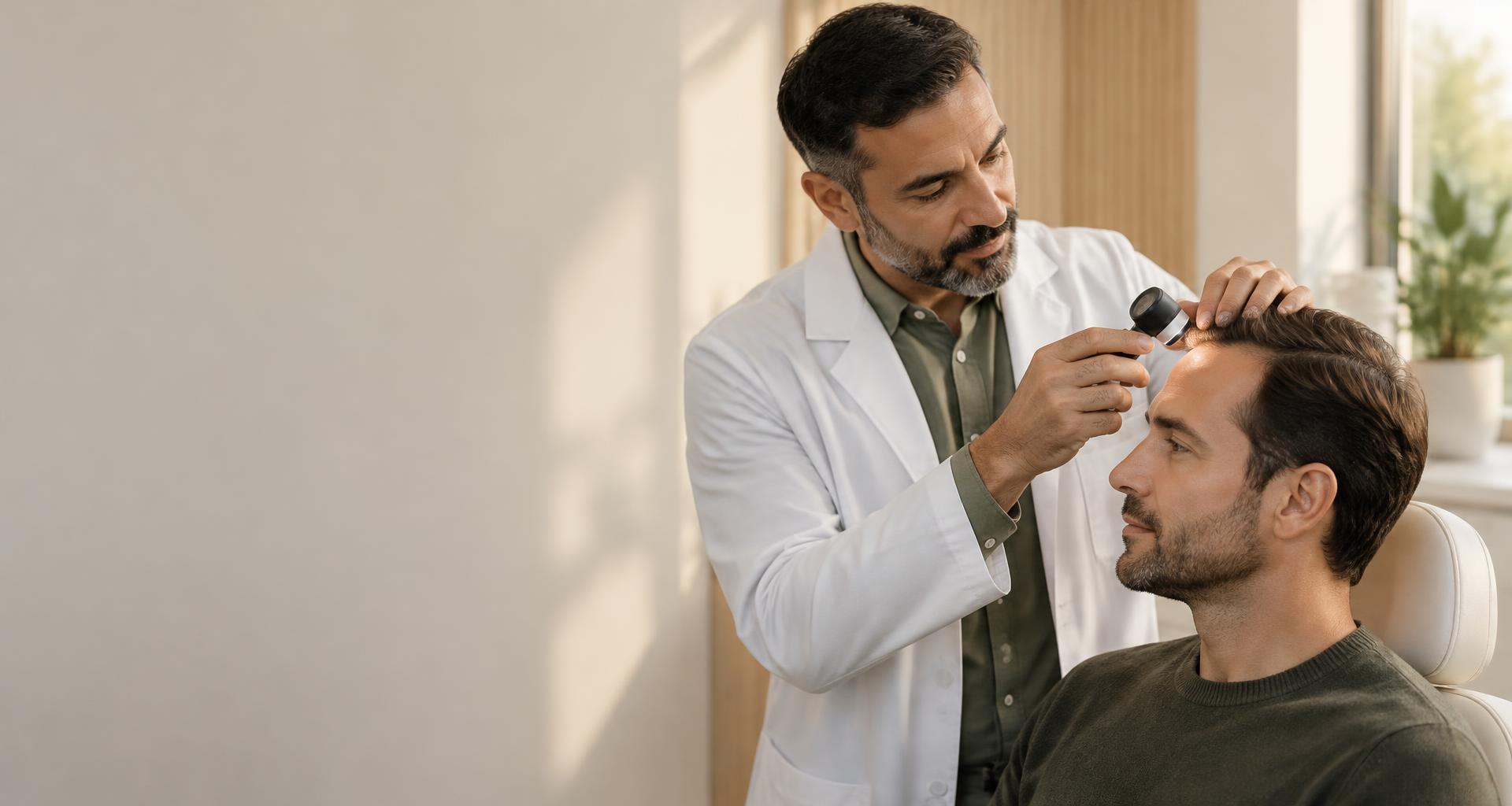 Illustrative hair transplant consultation with a gentle scalp examination